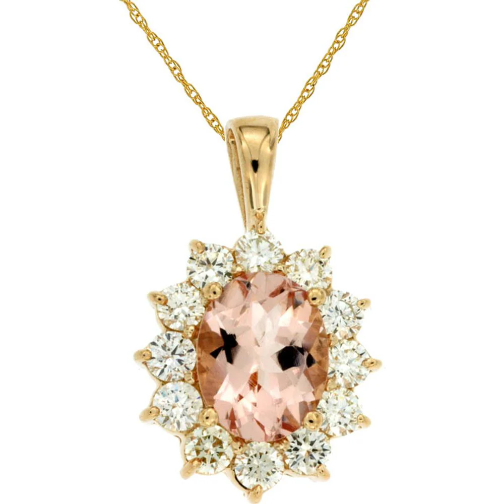 14K Yellow Gold Morganite & Diamond Pendant with Oval Morganite - 1.60 Carats Morganite & 1.00 Carat Total Diamond Weight - Royal Jewelry