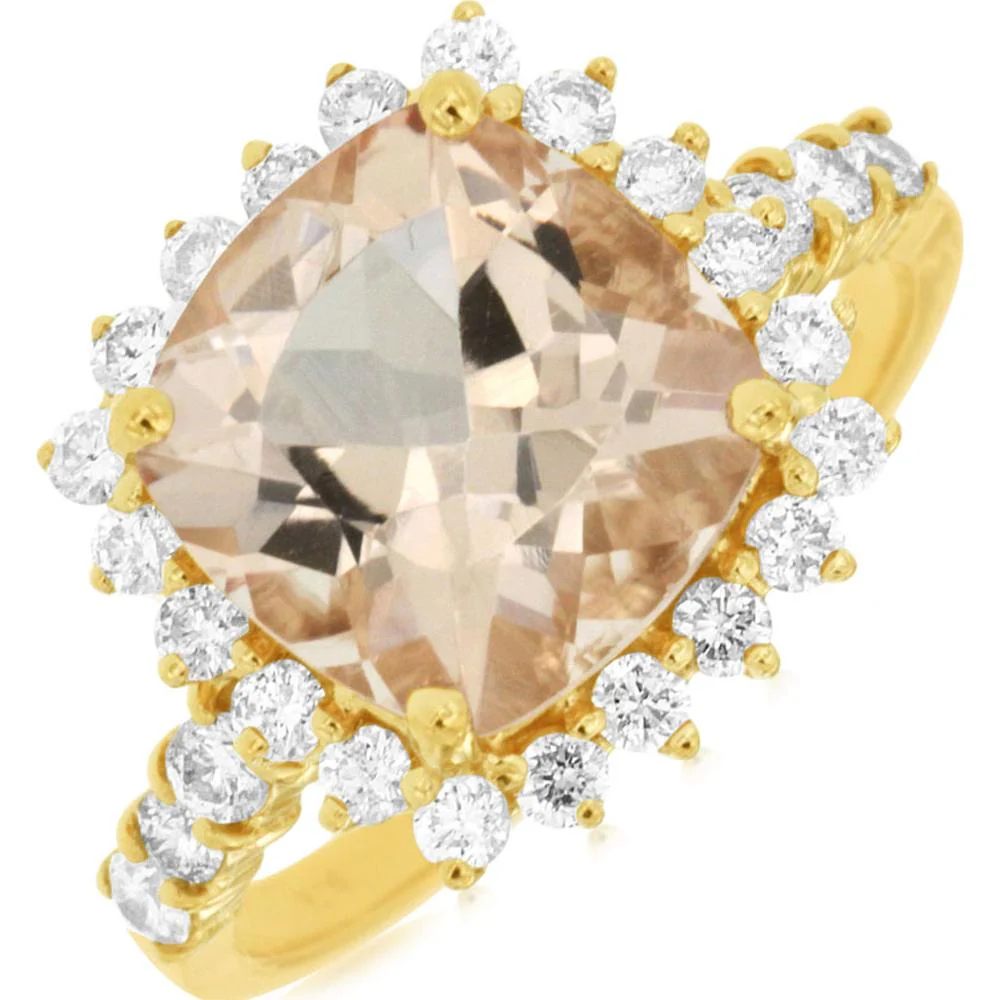 14K Yellow Gold Morganite Cushion Cut Ring with Diamond Halo - 4.35 Carats Total Weight - Royal Jewelry
