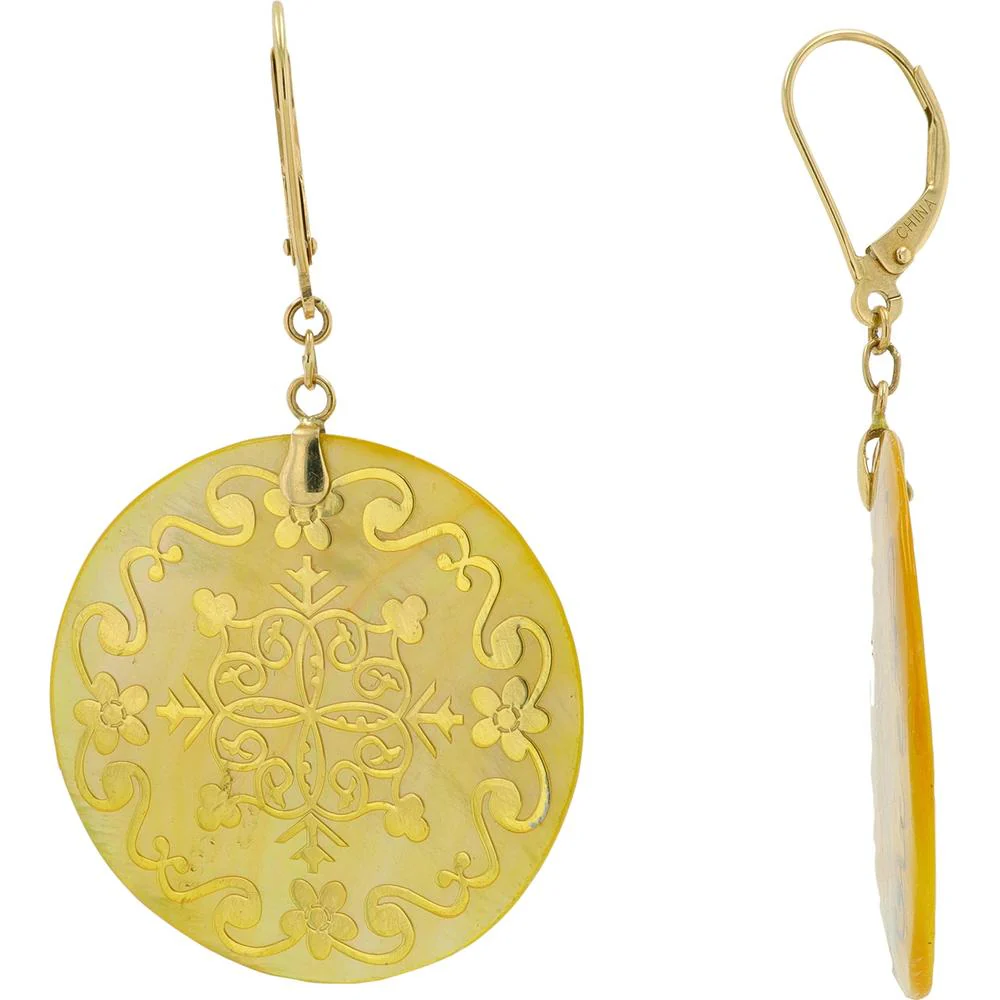 14K Yellow Gold Mother of Pearl Drop Earrings with Floral Engraving - 1.00 Carat Total Gem Weight - Image 2