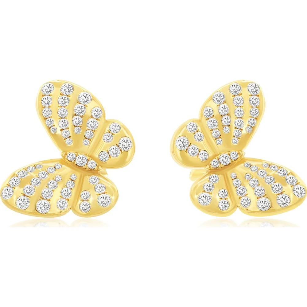 14K Yellow Gold Motif Butterfly Earrings with Round Brilliant Cut Diamonds - 1.835 Carat Total Diamond Weight - Royal Jewelry