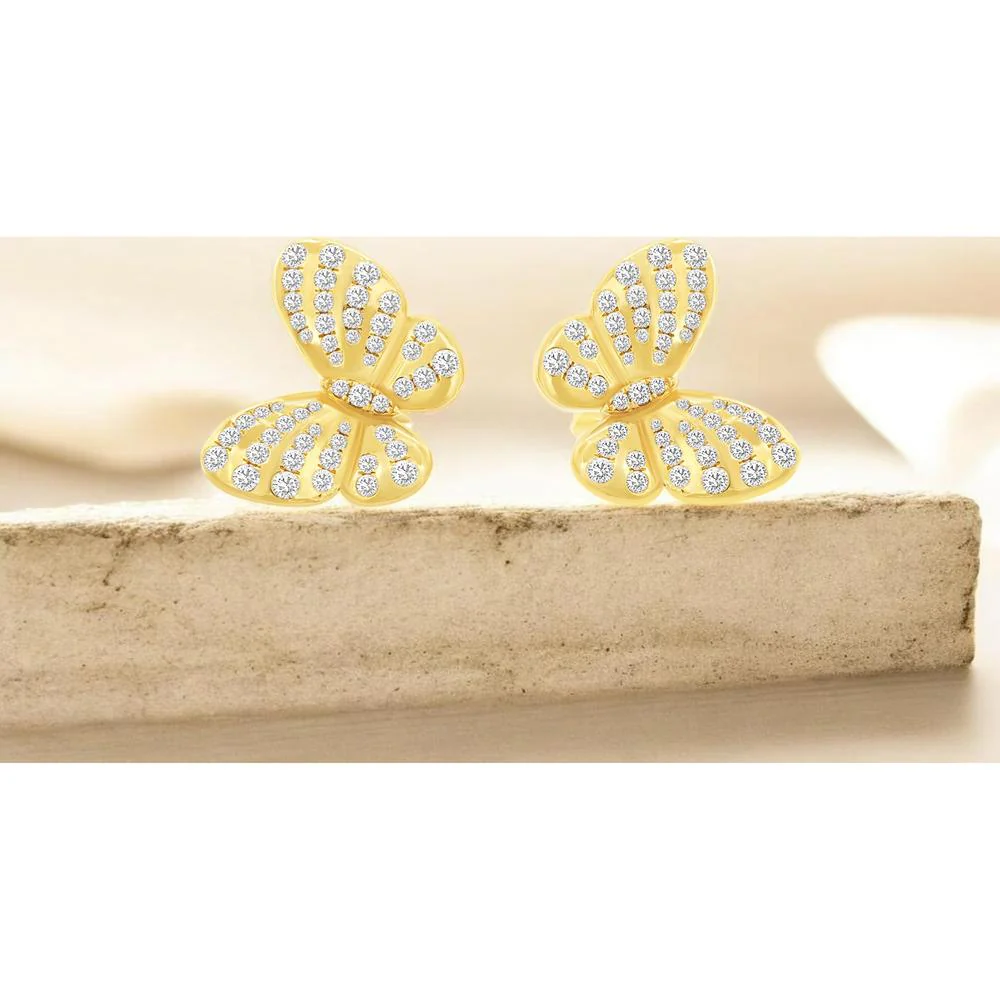 14K Yellow Gold Motif Butterfly Earrings with Round Brilliant Cut Diamonds - 1.835 Carat Total Diamond Weight - Royal Jewelry - Image 2