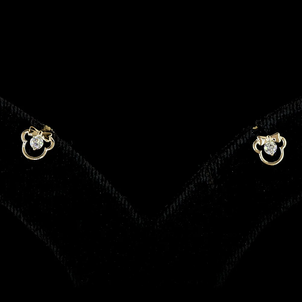 14K Yellow Gold Mouse Silhouette Stud Earrings with Bow Detail and Prong Set Round Lab Diamonds - 0.11 Carats Total Diamond Weight - Covaloro Fine Jewelry