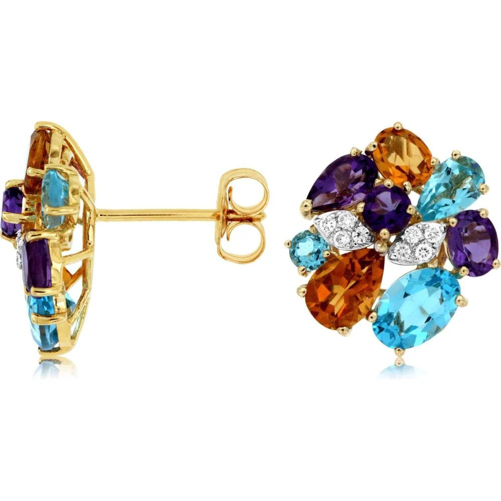 14K Yellow Gold Multi-Gemstone Floral Cluster Earrings with Diamond Accents - 0.10 Carat Diamonds & 3.80 Carat Total Semi-Precious Gemstones - Royal Jewelry