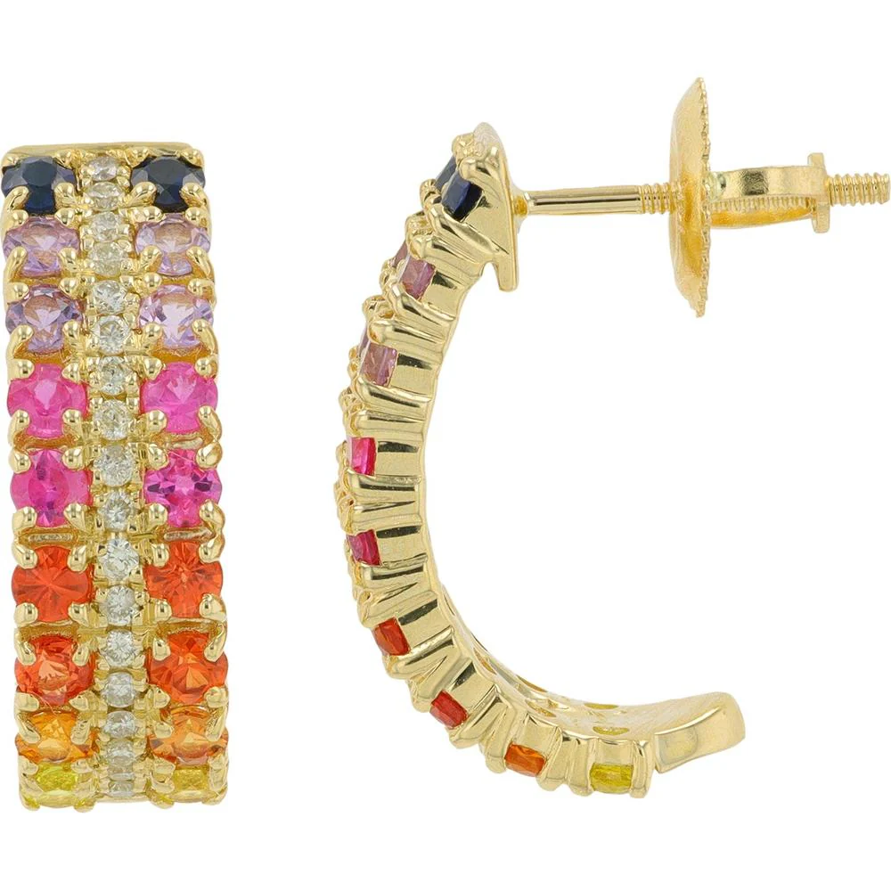 14K Yellow Gold Multi Sapphire and Diamond Hoop Earrings - 1.50 Carat Total Sapphire, 0.50 Carat Total Diamond - Image 2