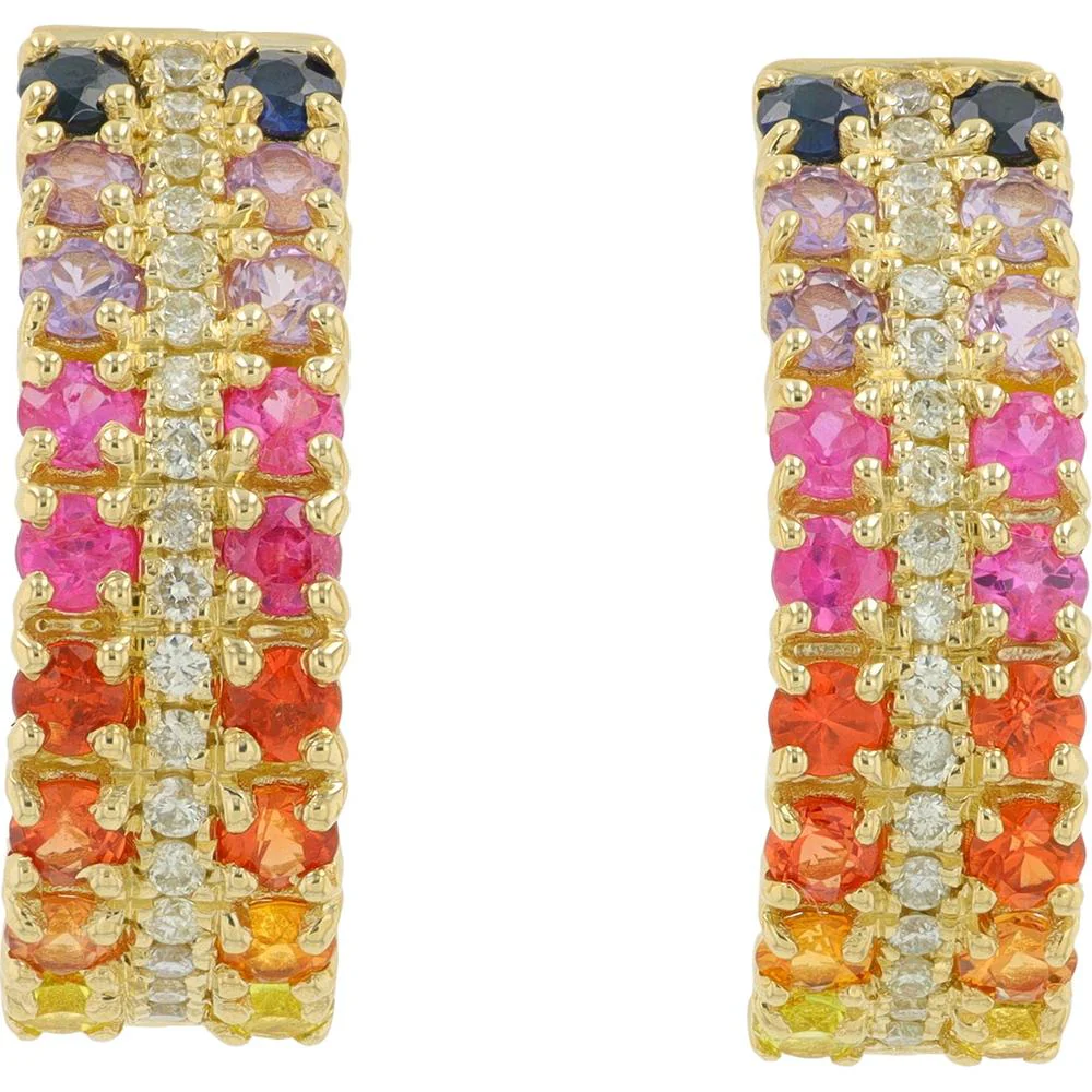 14K Yellow Gold Multi Sapphire and Diamond Hoop Earrings - 1.50 Carat Total Sapphire, 0.50 Carat Total Diamond - Image 3