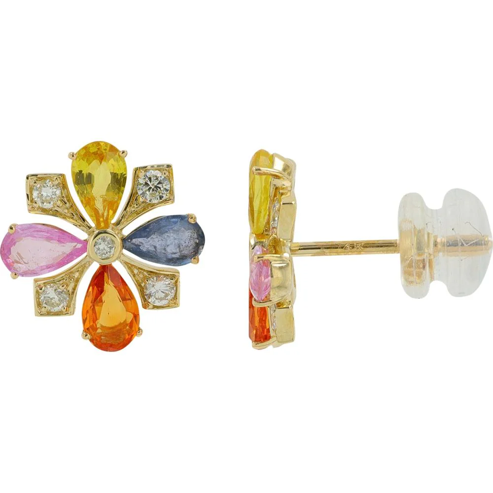 14K Yellow Gold Multi Sapphire and Diamond Stud Earrings - 2.00 Carat Total Sapphire Weight, 0.25 Carat Total Diamond Weight - Image 2