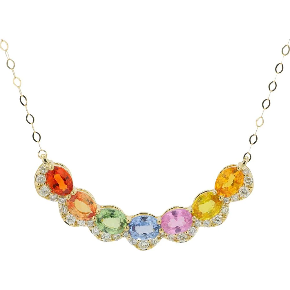 14K Yellow Gold Multi - Sapphire Oval Pendant with 1.50 Carat Total Color Weight and 0.20 Carat Diamond Accents