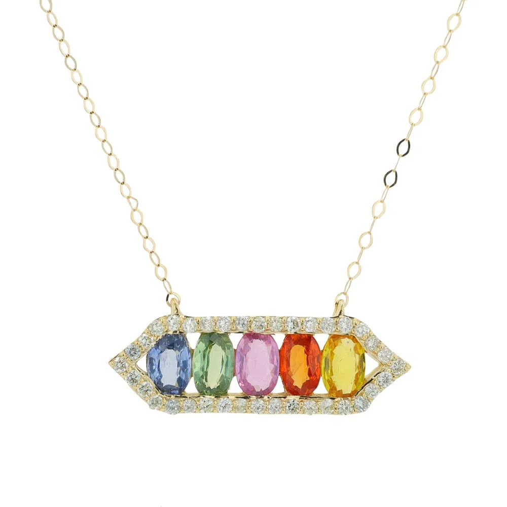 14K Yellow Gold Multi Sapphire Pendant with 0.25 Carat Total Diamond Accent - 1.50 Carat Total Sapphire Weight