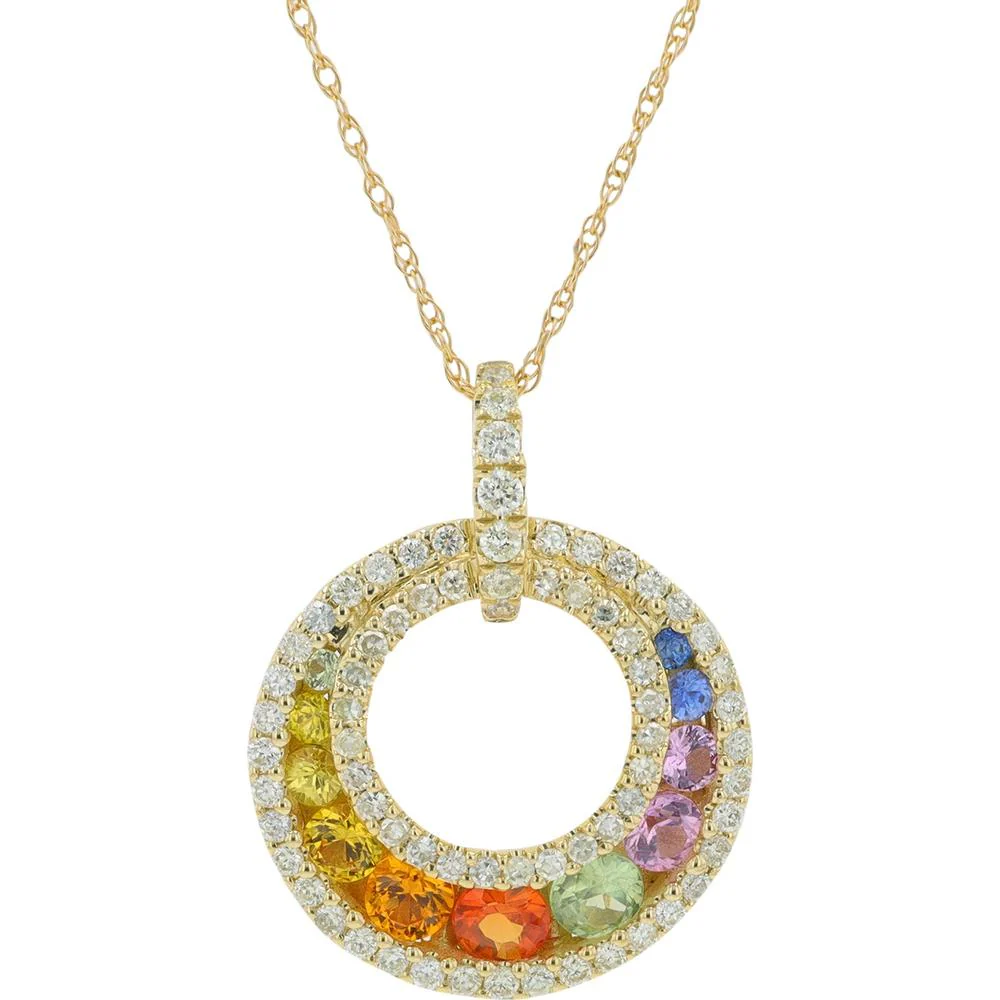 14K Yellow Gold Multi Sapphire Pendant with 0.35 Carat Diamond Halo - 0.75 Carat Total Sapphire Weight