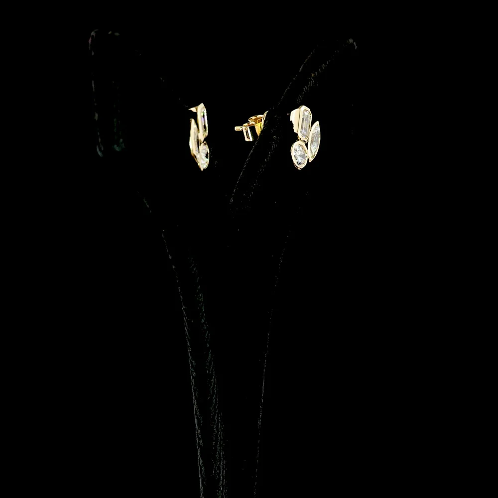 14K Yellow Gold Multi-Shape Cluster Stud Earrings with Emerald, Marquise, and Oval Cut Natural Diamonds - 1.55 Carats Total Diamond Weight - Covaloro Fine Jewelry - Image 3