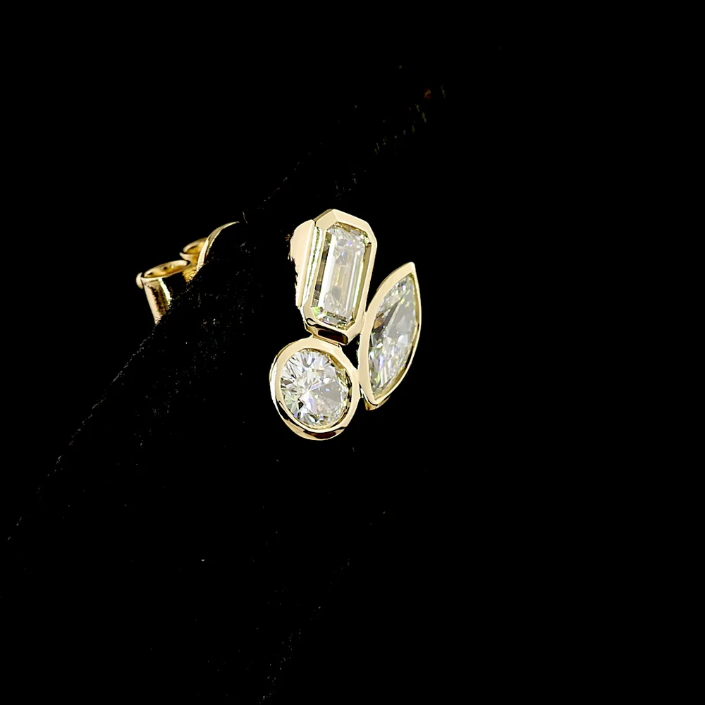 14K Yellow Gold Multi-Shape Cluster Stud Earrings with Emerald, Marquise, and Oval Cut Natural Diamonds - 1.55 Carats Total Diamond Weight - Covaloro Fine Jewelry - Image 4