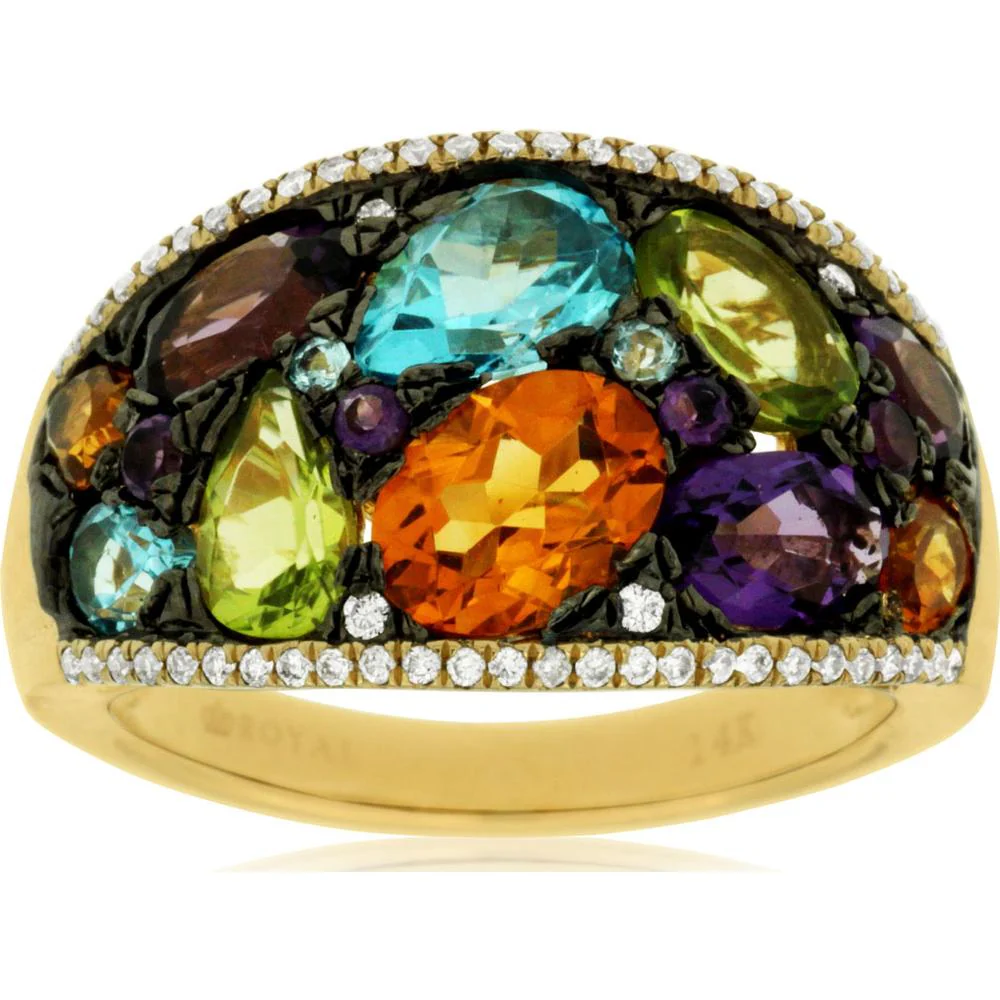 14K Yellow Gold Multicolor Semi-Precious Gemstone Ring with Diamond Accents - 4.40 Carat Total Gemstone Weight and 0.18 Carat Total Diamond Weight - Royal Jewelry