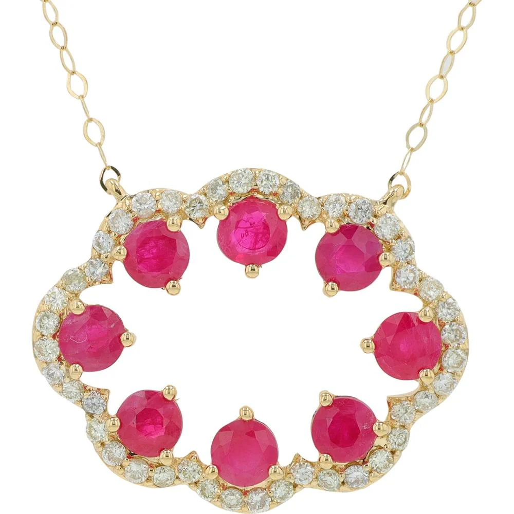 14K Yellow Gold Necklace with 0.90 - 1.25 Carat Round Rubies and 0.30 Carat Diamond Halo