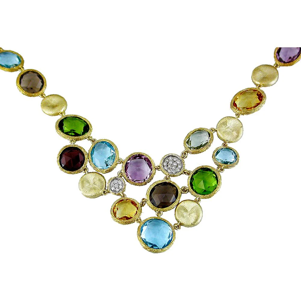 14K Yellow Gold Necklace with Round Blue Topaz, Amethyst, Smoky Topaz, and Diamond - 45.18 Carats Total Gem Weight - Royal Jewelry
