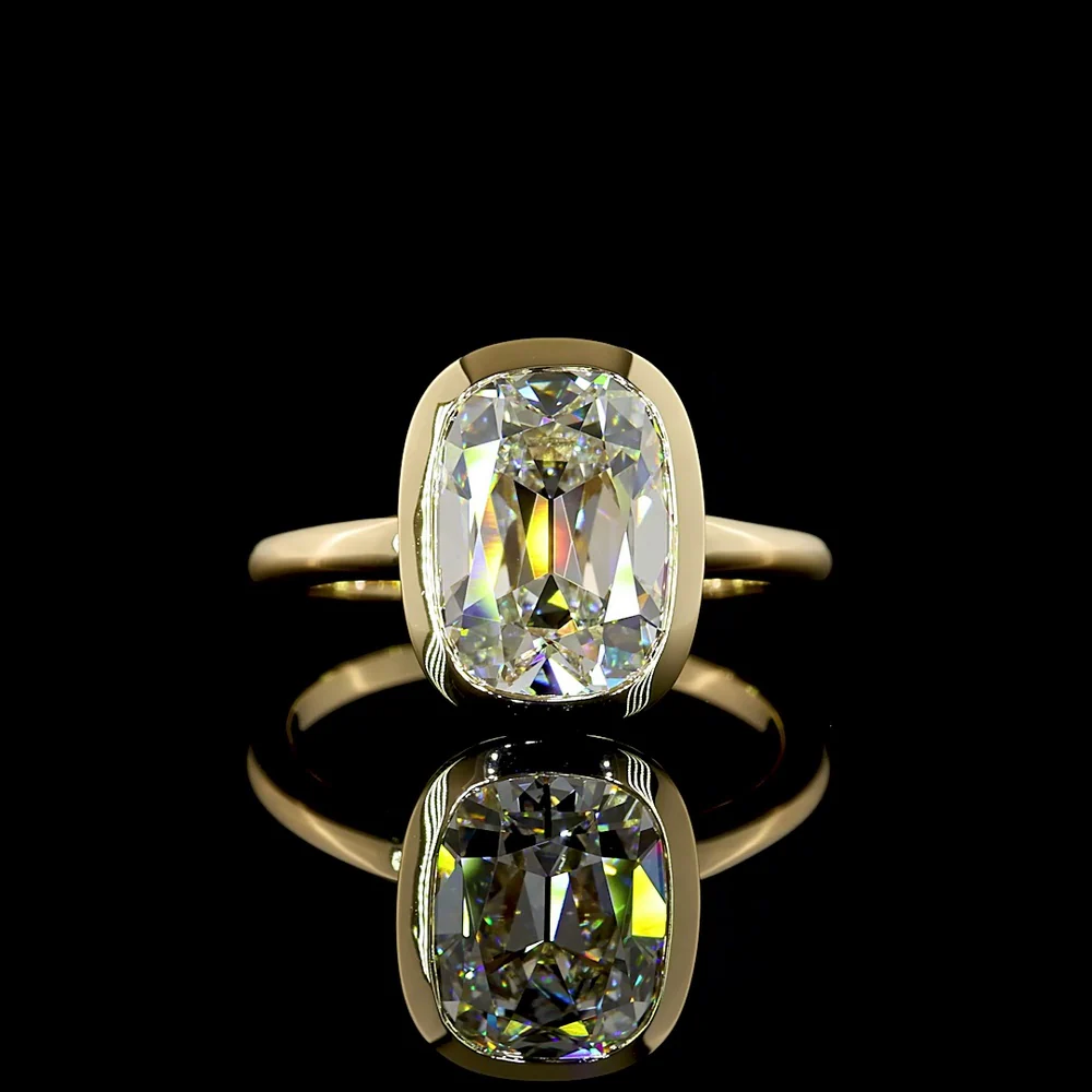 14K Yellow Gold North-South Bezel Set Antique Cushion Cut Lab Diamond Solitaire Ring - 3.88 Carats Total Diamond Weight F VVS2 IGI Certified - Covaloro Fine Jewelry