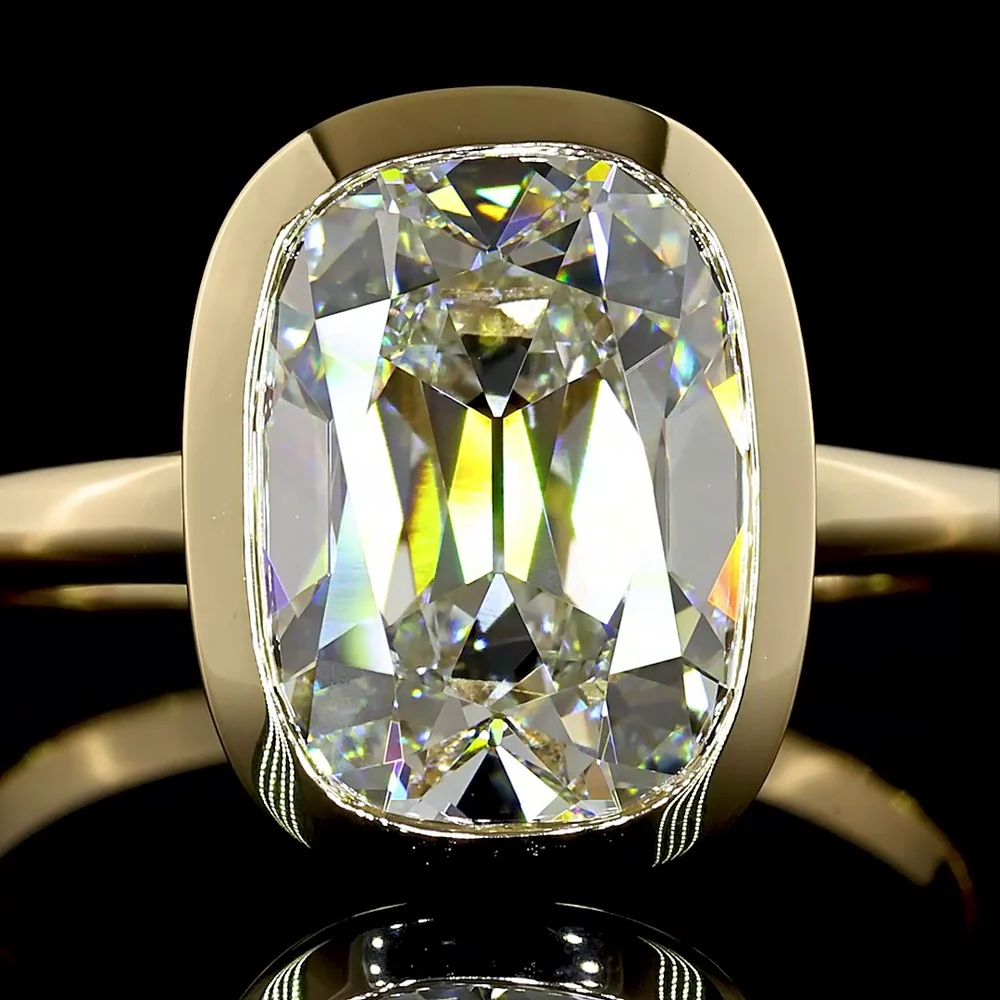 14K Yellow Gold North-South Bezel Set Antique Cushion Cut Lab Diamond Solitaire Ring - 3.88 Carats Total Diamond Weight F VVS2 IGI Certified - Covaloro Fine Jewelry - Image 2