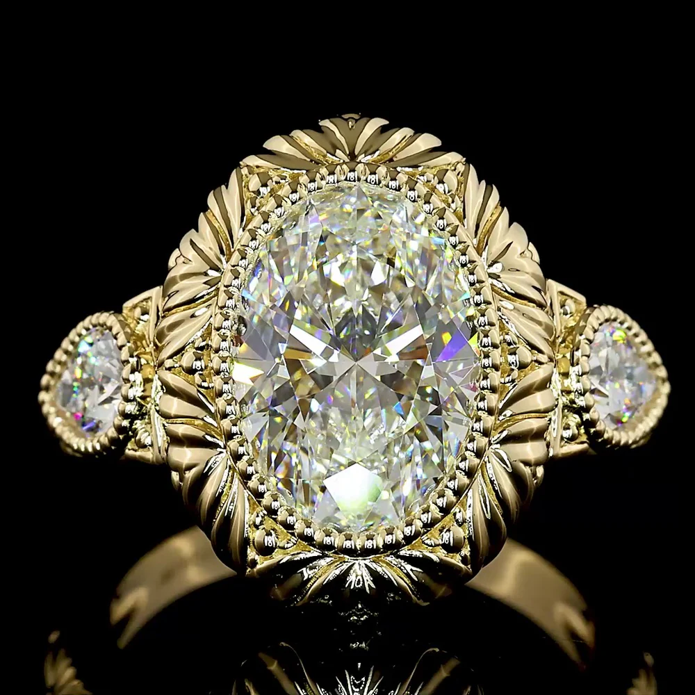 14K Yellow Gold North-South Bezel Set Oval Lab Diamond Ring with Pear Shape Side Stones - 3.68 Carat Total Weight - Covaloro Fine Jewelry - Image 2