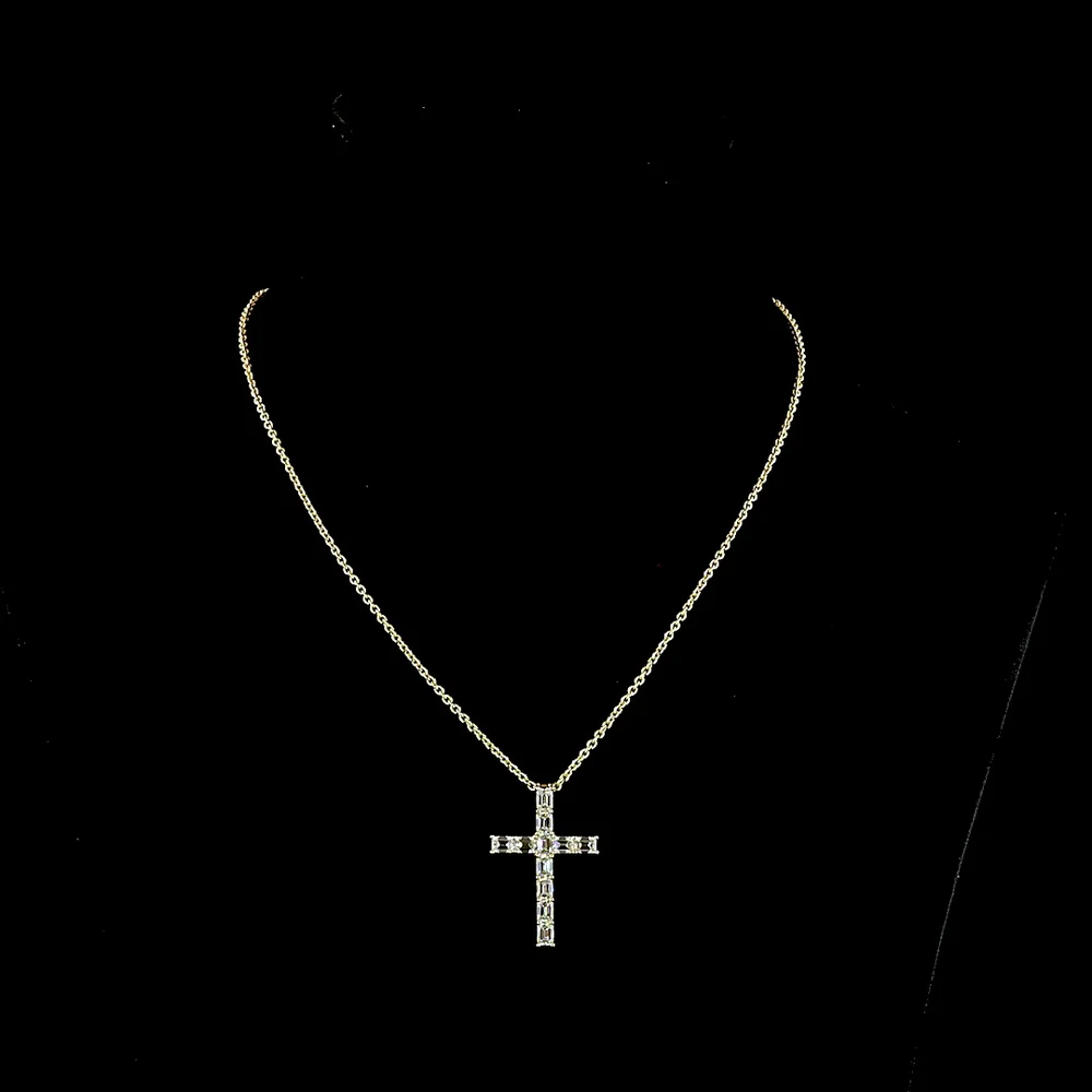14K Yellow Gold North-South Cross Pendant with 2.22 Carat Emerald Cut Lab Grown Diamonds - E-F Color VS Clarity - Covaloro Fine Jewelry