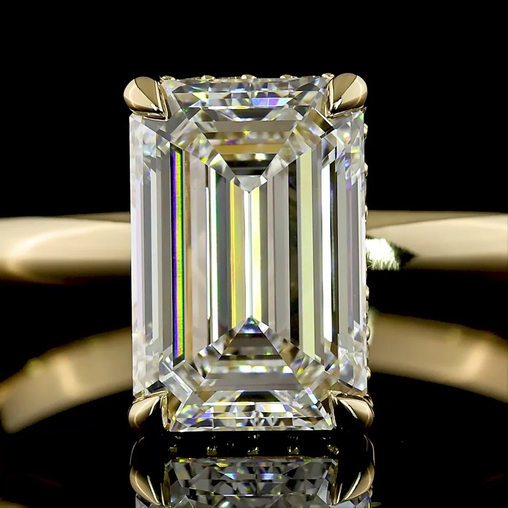 14K Yellow Gold North-South Emerald Cut Lab Diamond Hidden Halo Engagement Ring with D VVS2 Center and E VS1 Halo - 2.17 Carats Total Diamond Weight - Covaloro Fine Jewelry - Image 2