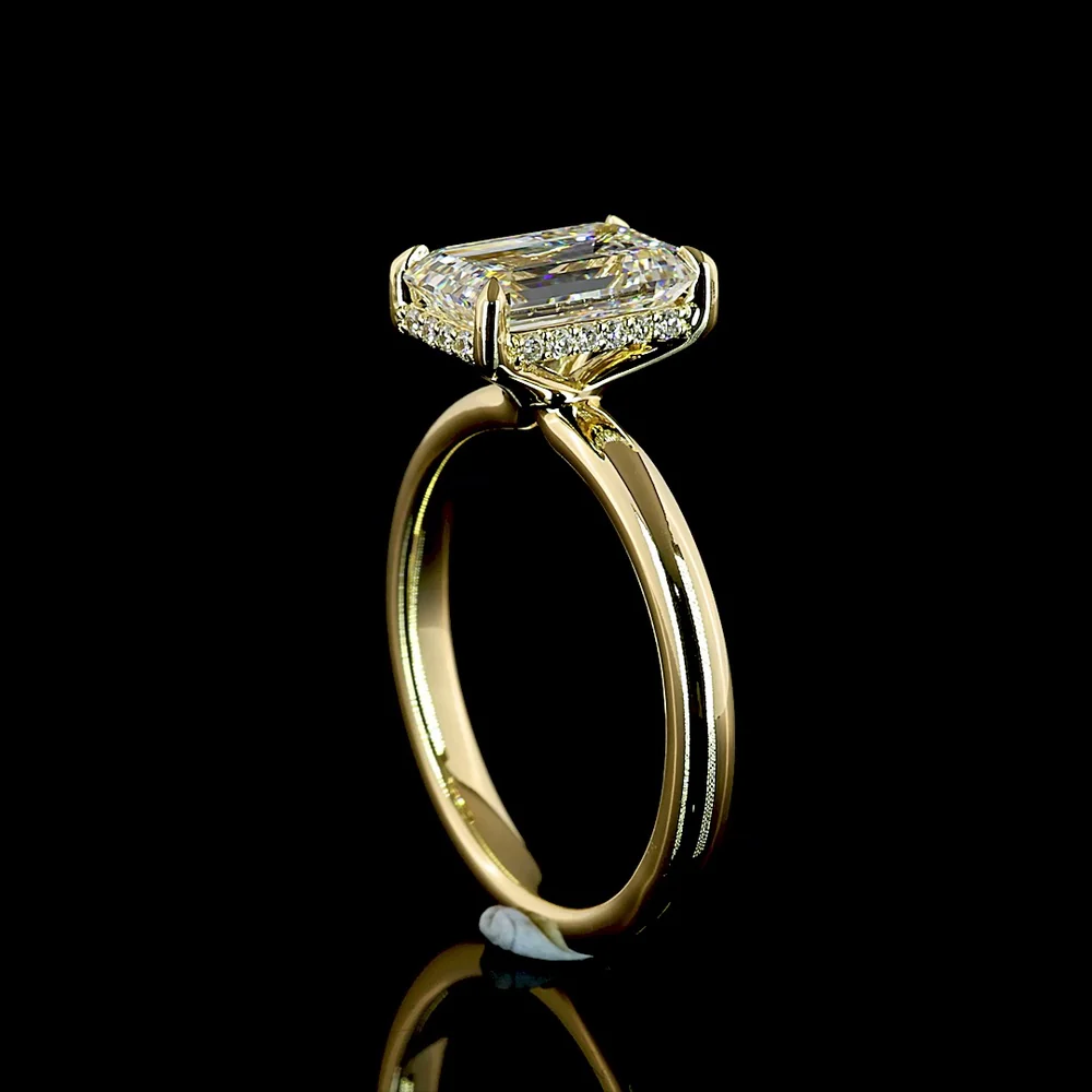 14K Yellow Gold North-South Emerald Cut Lab Diamond Hidden Halo Engagement Ring with D VVS2 Center and E VS1 Halo - 2.17 Carats Total Diamond Weight - Covaloro Fine Jewelry - Image 3
