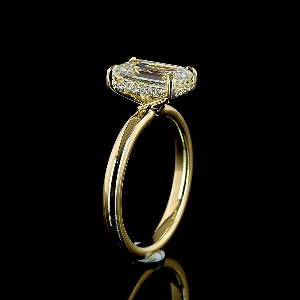 14K Yellow Gold North-South Emerald Cut Lab Diamond Hidden Halo Engagement Ring with D VVS2 Center and E VS1 Halo - 2.17 Carats Total Diamond Weight - Covaloro Fine Jewelry - Image 4