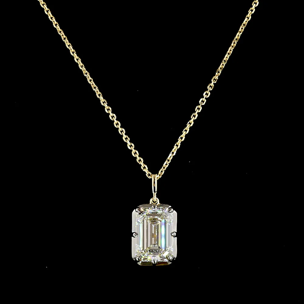 14K Yellow Gold North-South Emerald Cut Lab Diamond Solitaire Pendant - 4.06 Carat Total Weight, E-F Color VS1 Clarity with Black Rhodium Prong Accents - Covaloro Fine Jewelry