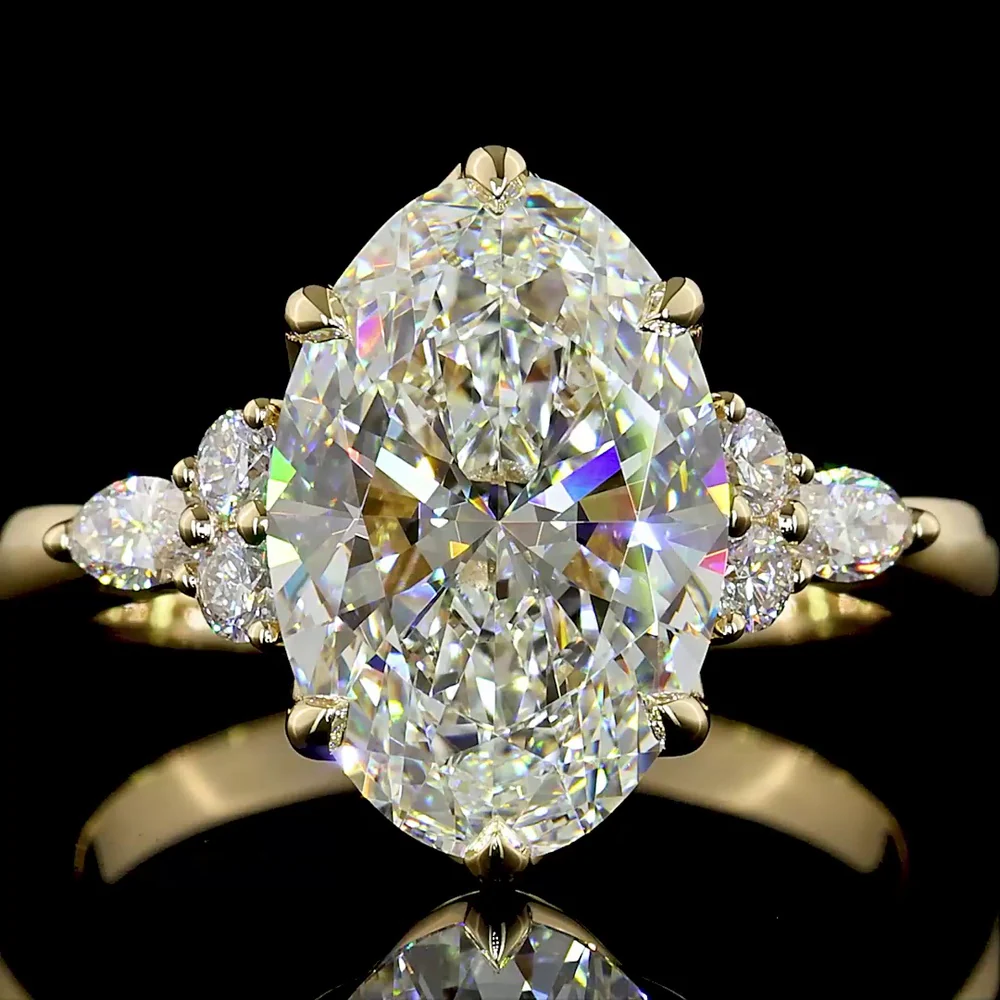 14K Yellow Gold North-South Oval Cut Lab Diamond Ring with Marquise and Round Accents - 3.31 Carat Total Diamond Weight, IGI Certified E-VS1 - Covaloro Fine Jewelry - Image 2