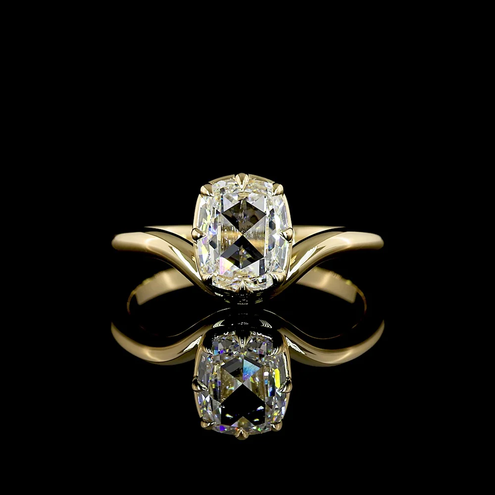 14K Yellow Gold North-South Solitaire Ring with 1.04 Carat Rose Cut Cushion Lab Diamond, E-F Color, VS1 Clarity - Covaloro Fine Jewelry