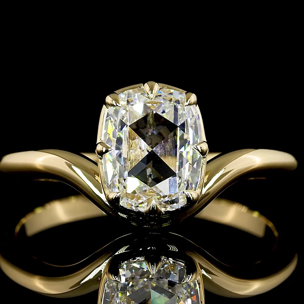 14K Yellow Gold North-South Solitaire Ring with 1.04 Carat Rose Cut Cushion Lab Diamond, E-F Color, VS1 Clarity - Covaloro Fine Jewelry - Image 2