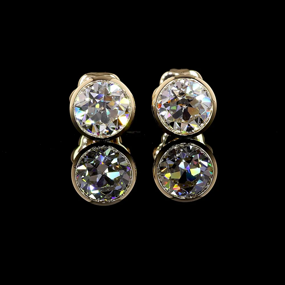 14K Yellow Gold Old European Cut Lab Diamond Stud Earrings with Bezel Setting - 2.03 Carat Total Weight, D Color VS1 Clarity - Covaloro Fine Jewelry