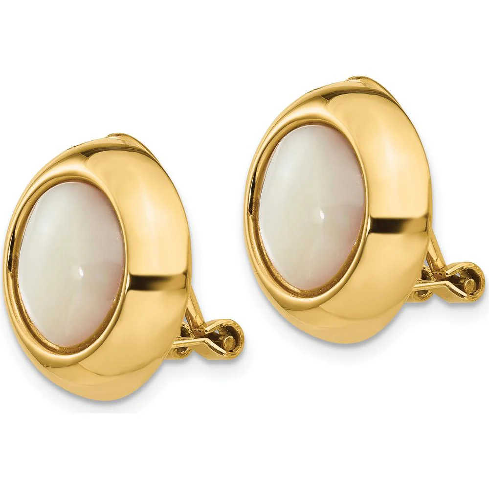 14K Yellow Gold Omega Clip Non-Pierced Earrings with Mother of Pearl - 16mm Diameter by Oro Pregiato - Image 2