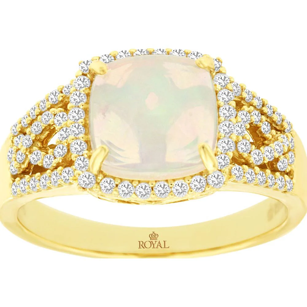 14K Yellow Gold Opal & Diamond Cushion Cut Halo Ring - 1.75 Carats Total Gem Weight - Royal Jewelry