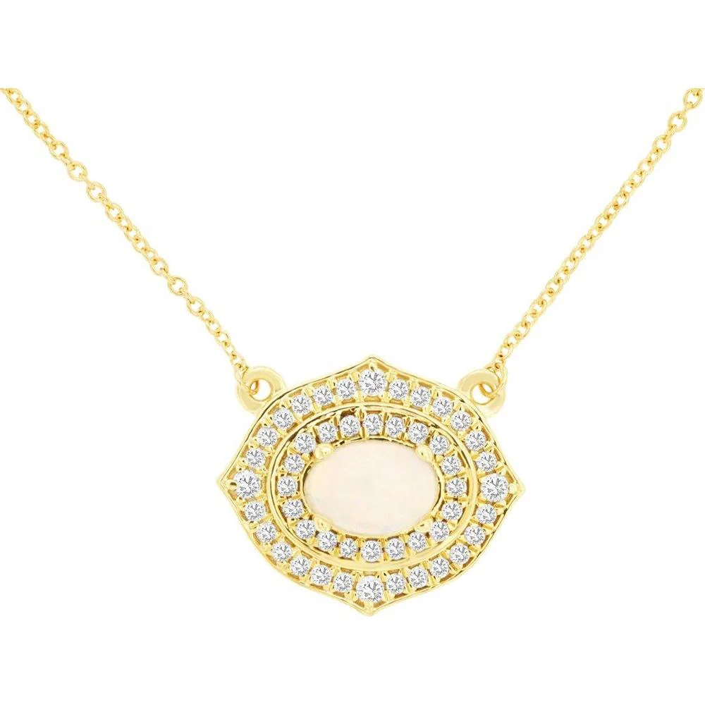 14K Yellow Gold Opal and Diamond Double Halo Pendant Necklace - 0.35 Carat Oval Opal with 0.50 Carat Total Diamond Weight - Royal Jewelry