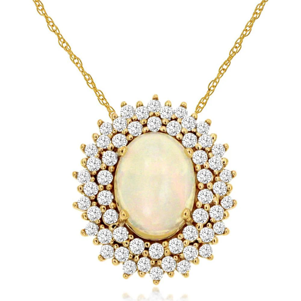 14K Yellow Gold Opal and Diamond Double Halo Pendant Necklace - 0.90 Carat Oval Opal, 0.33 Carat Total Diamond Weight - Royal Jewelry