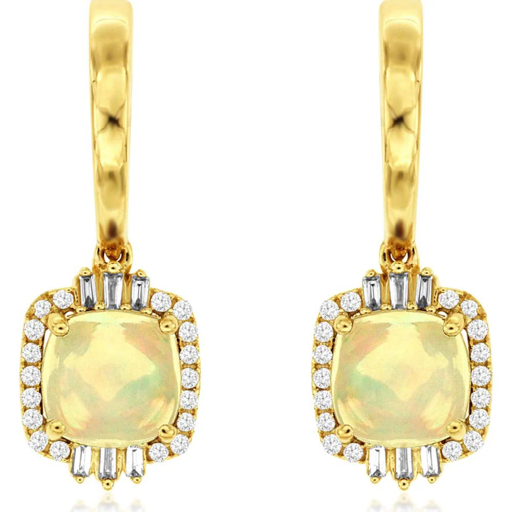 14K Yellow Gold Opal & Diamond Drop Earrings - 1.80 Carats Opal and 0.29 Carats Diamond Total Weight - Royal Jewelry