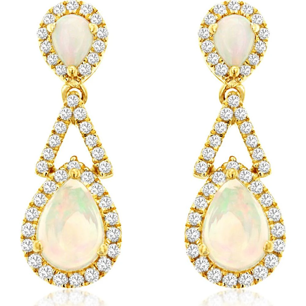 14K Yellow Gold Opal & Diamond Drop Earrings with Halo Setting - 1.39 Carats Total Opal Weight, 0.39 Carats Diamond Weight - Royal Jewelry
