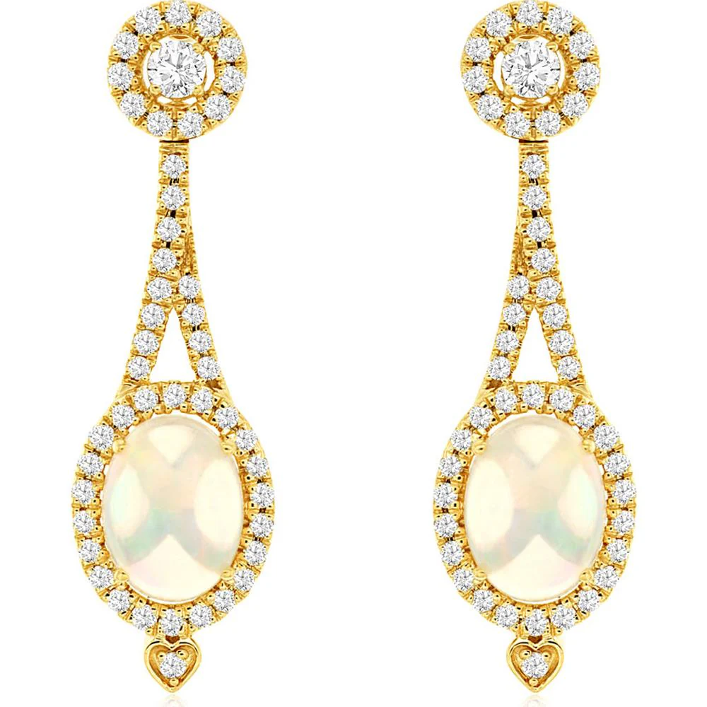 14K Yellow Gold Opal & Diamond Drop Earrings with Heart-Shaped Diamond Accent - 1.8 Carats Total Diamond Weight - Royal Jewelry