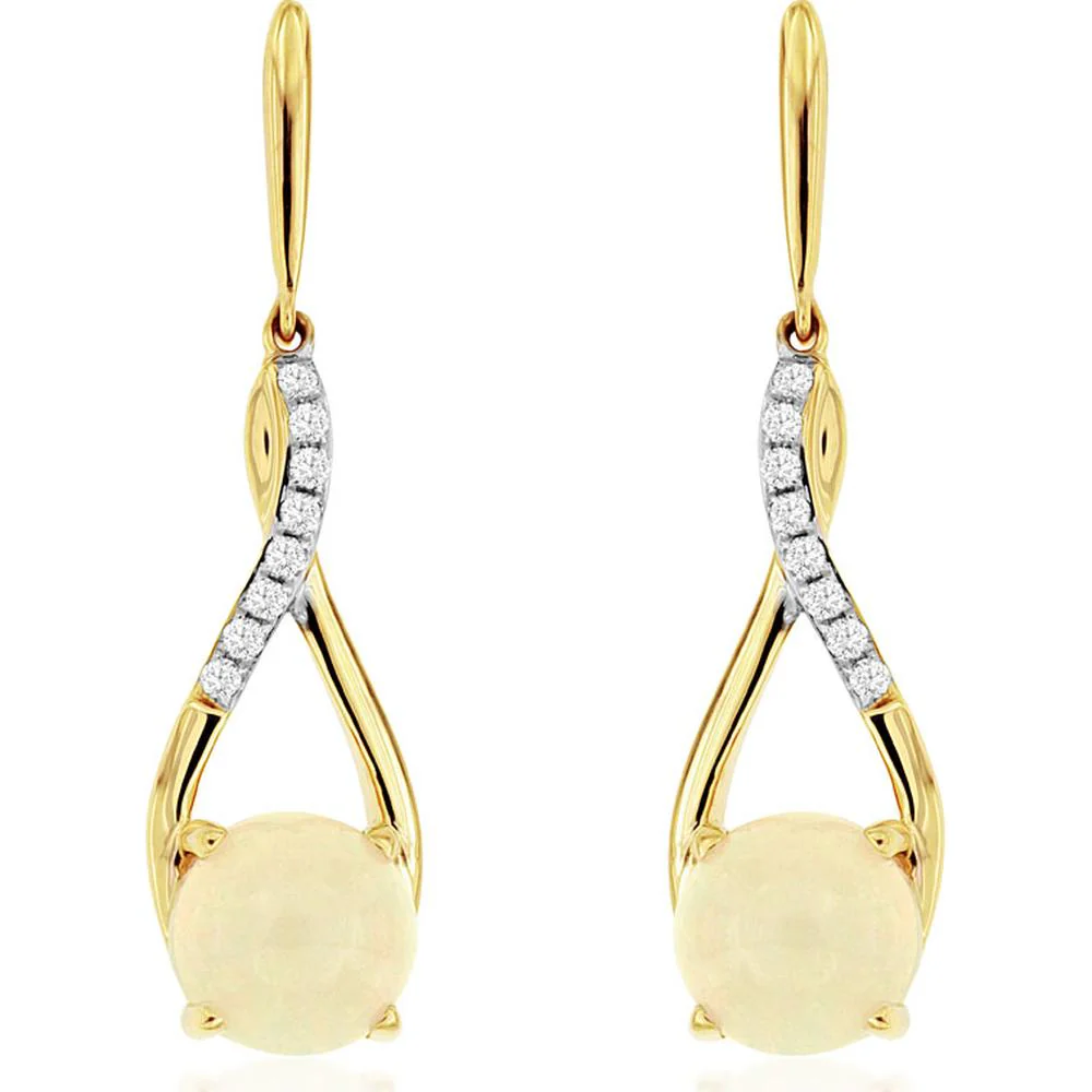 14K Yellow Gold Opal & Diamond Drop Earrings with Milgrain Detailing - 1.70 Carats Opal, 0.10 Carats Diamond Total Weight - Royal Jewelry