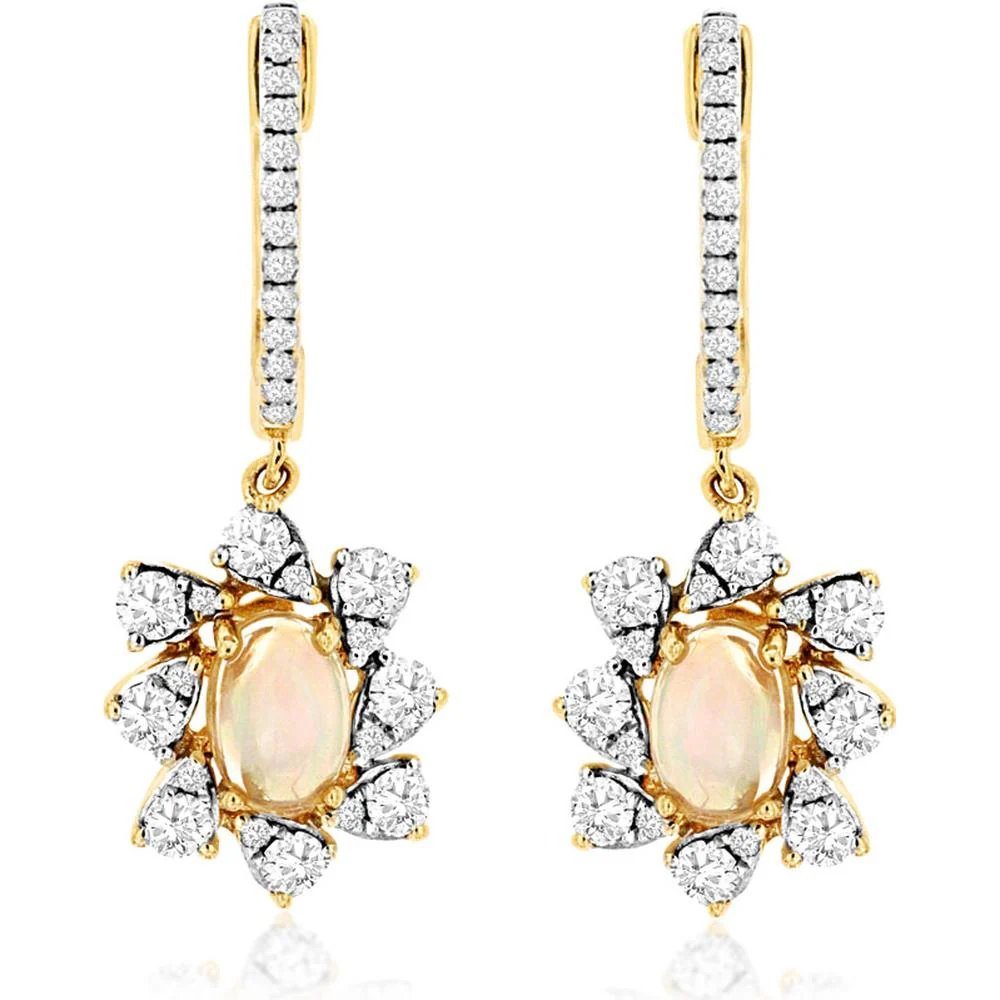 14K Yellow Gold Opal & Diamond Drop Earrings with Oval Opals - 0.62 Carats Total Opal Weight - Royal Jewelry