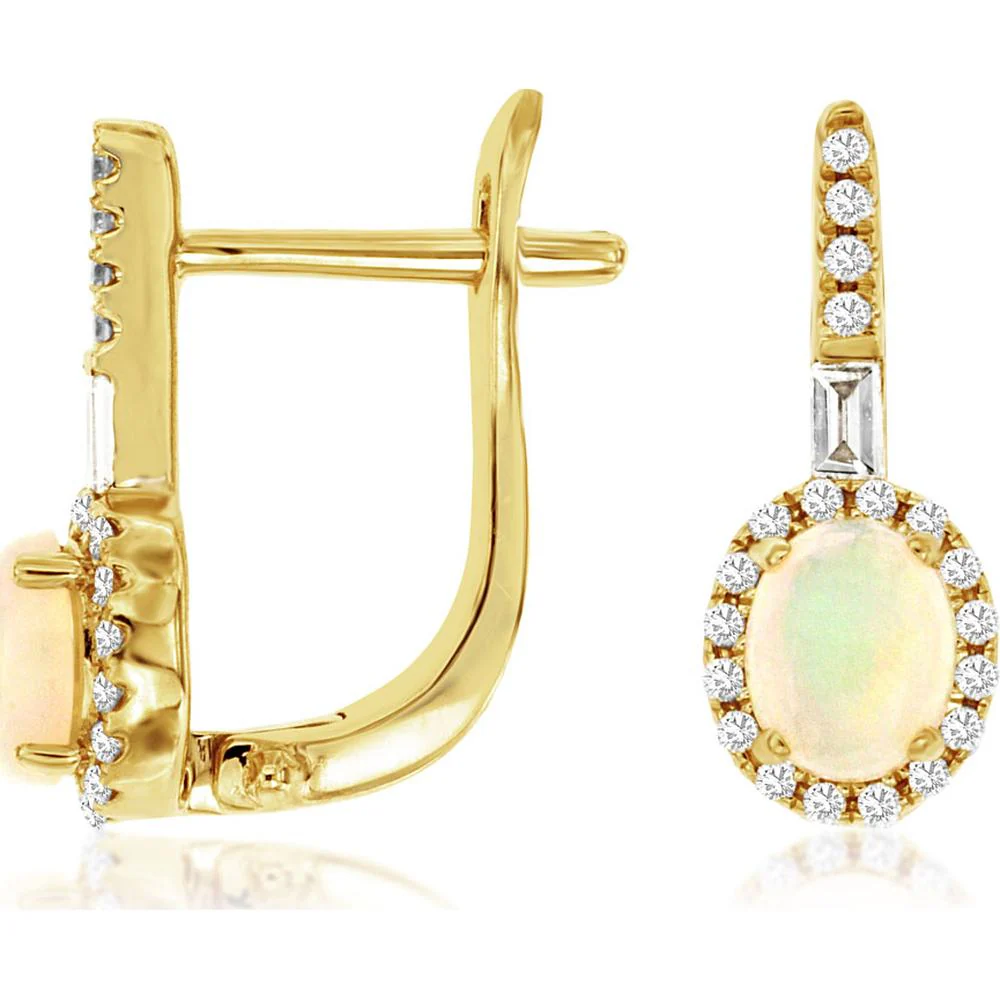 14K Yellow Gold Opal and Diamond Halo Earrings - 0.40 Carats Total Opal Weight, 0.40 Carats Total Diamond Weight - Royal Jewelry
