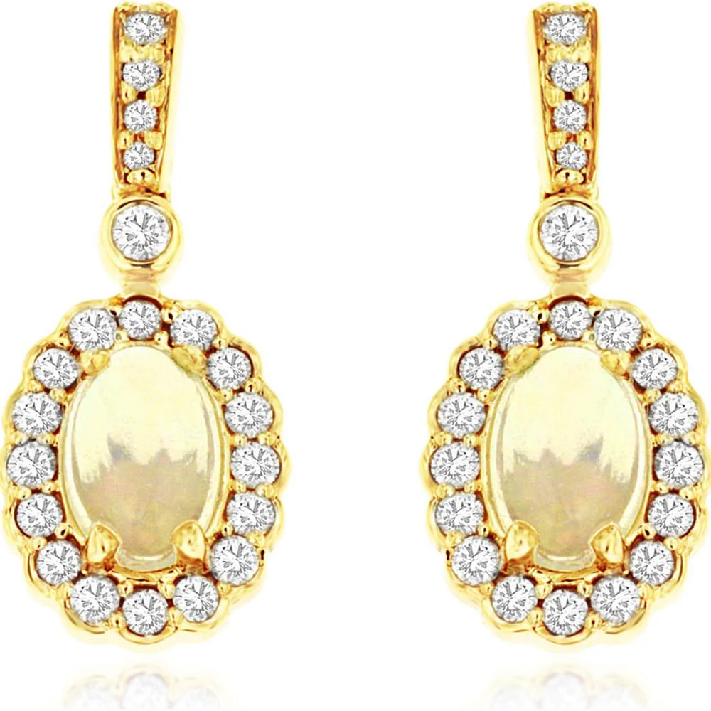 14K Yellow Gold Opal & Diamond Halo Earrings - 0.93 Carats Total Gem Weight - Royal Jewelry