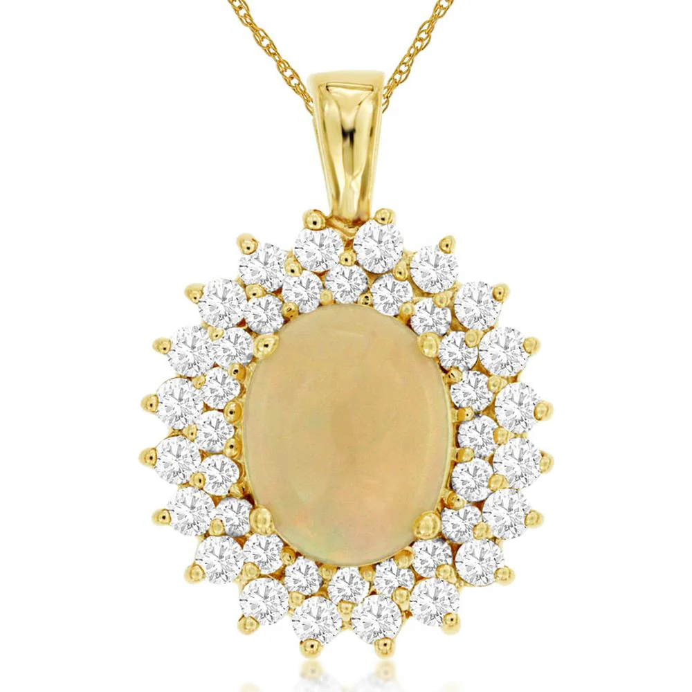 14K Yellow Gold Opal & Diamond Halo Pendant with 1.70 Carats Oval Opal and 1.00 Carat Total Diamond Weight - Royal Jewelry