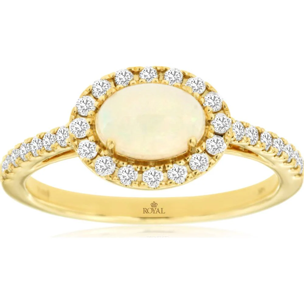 14K Yellow Gold Opal and Diamond Halo Ring - 0.50 Carats Opal & 0.33 Carats Diamond Total Weight - Royal Jewelry