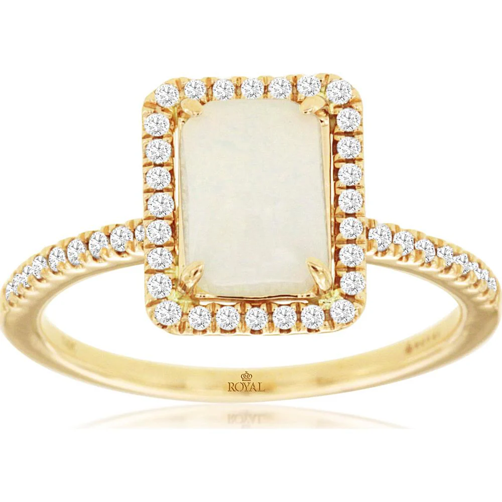14K Yellow Gold Opal & Diamond Halo Ring - 0.95 Carats Opal and 0.20 Carats Total Diamond Weight - Royal Jewelry