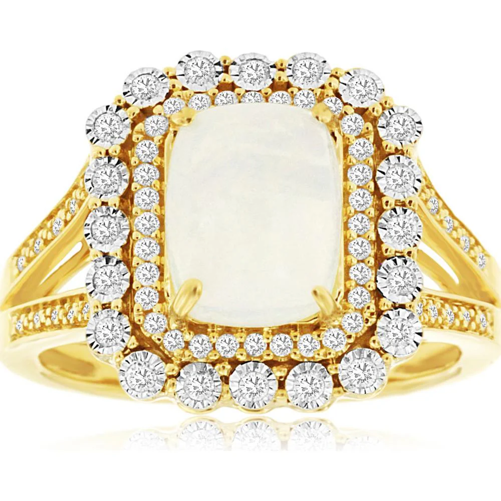14K Yellow Gold Opal & Diamond Halo Ring - 1.10 Carats Opal, 0.33 Carats Diamond Total Weight - Royal Jewelry