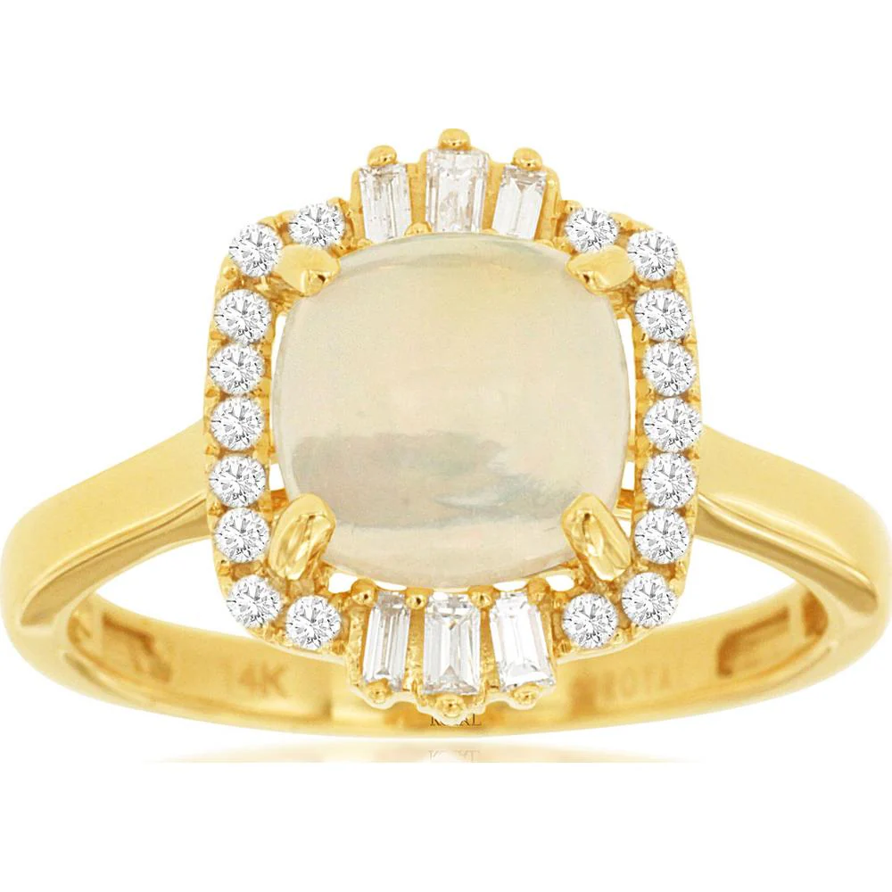 14K Yellow Gold Opal & Diamond Halo Ring with Cushion Cut Opal - 1.4 Carats Opal & 0.21 Carats Diamond Total Weight - Royal Jewelry