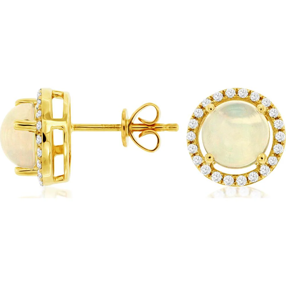 14K Yellow Gold Opal & Diamond Halo Stud Earrings - 2.13 Carats Total Opal & Diamond Weight - Royal Jewelry