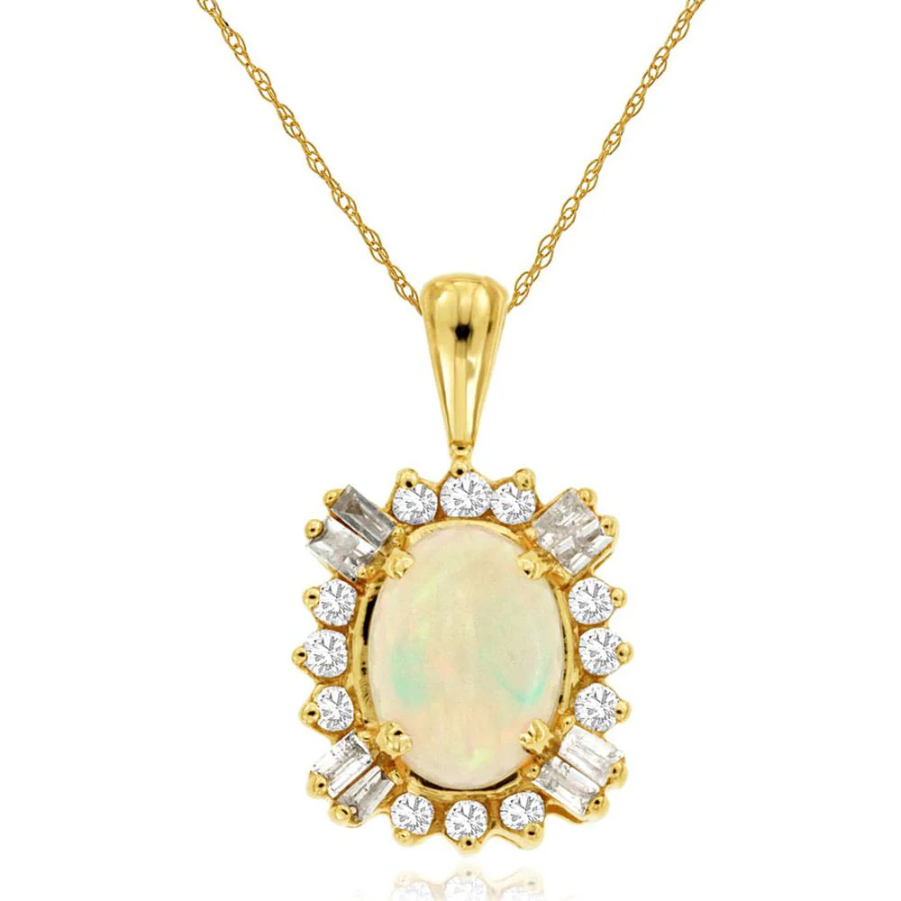 14K Yellow Gold Opal & Diamond Pendant - 0.90 Carats Opal, 0.25 Carats Diamonds - Royal Jewelry