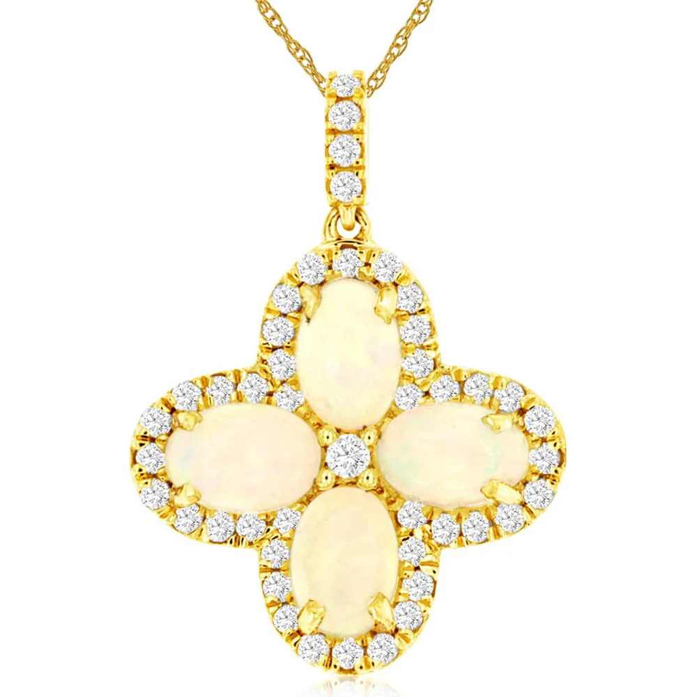 14K Yellow Gold Opal & Diamond Pendant with Milgrain Detail - 1.65 Carats Total Opal and Diamond Weight - Royal Jewelry