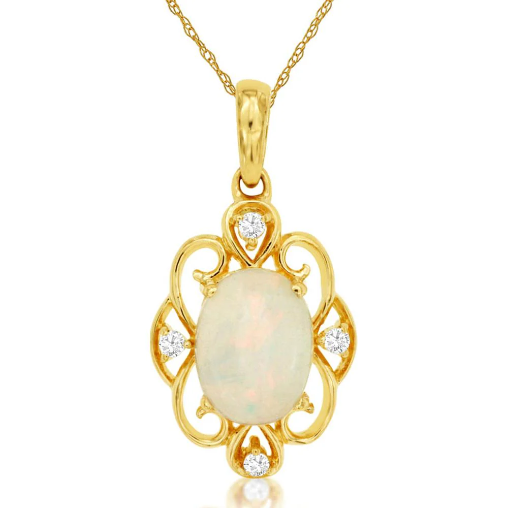 14K Yellow Gold Opal & Diamond Pendant with Oval Opal - 0.90 Carats Opal, 0.04 Carats Total Diamond Weight - Royal Jewelry